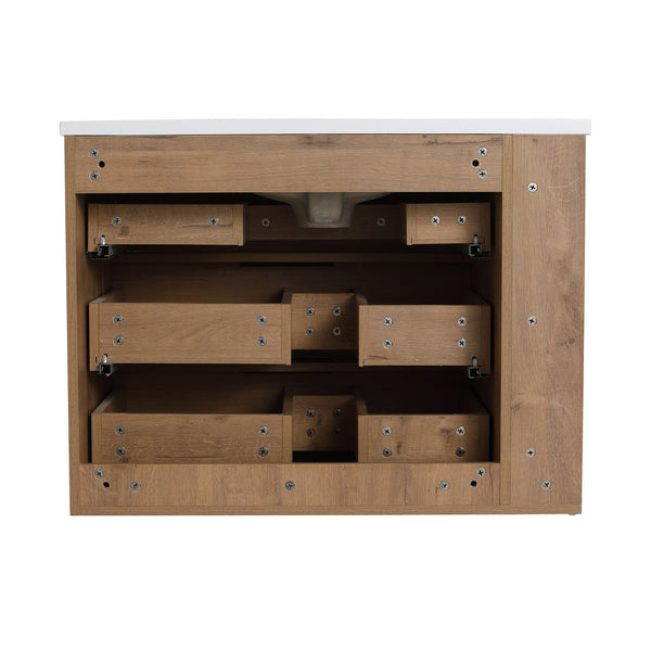 English Elm 30 Inch Bathroom Vanity With Resin Sink - Wall-Mounted, Soft-Closing Drawers, Modern Oak Finish W999S00080
