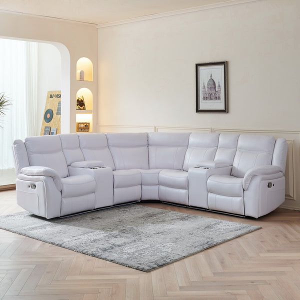 English Elm Le145 Manual Reclining Sectional with Led Underlighting and Usb Charging Faux Leather White W1805S00001