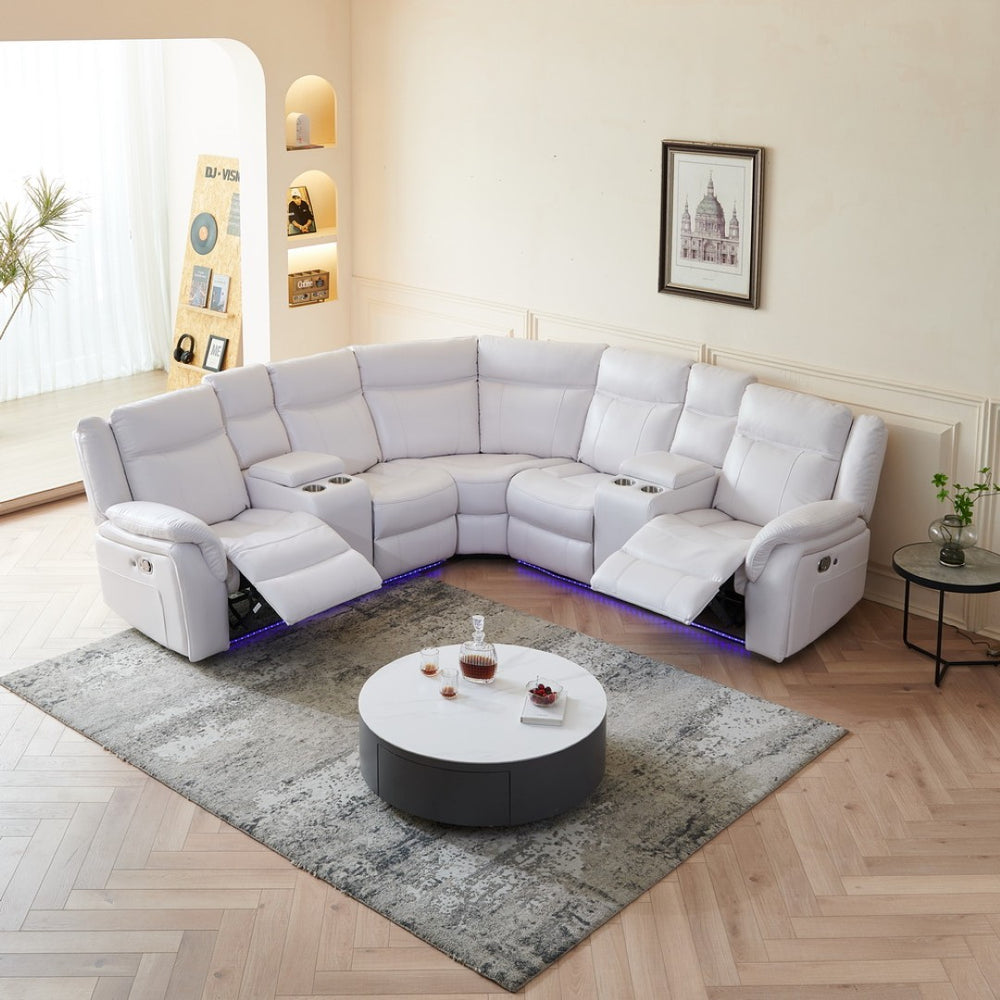 English Elm Le145 Manual Reclining Sectional with Led Underlighting and Usb Charging Faux Leather White W1805S00001
