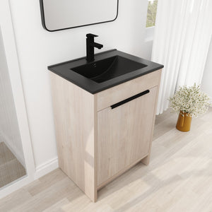 English Elm 24 Inch Freestanding Bathroom Vanity with Black Ceramic Sink, Soft-Close Doors, Plywood Base, Durable Finish (Modern) W999S00078