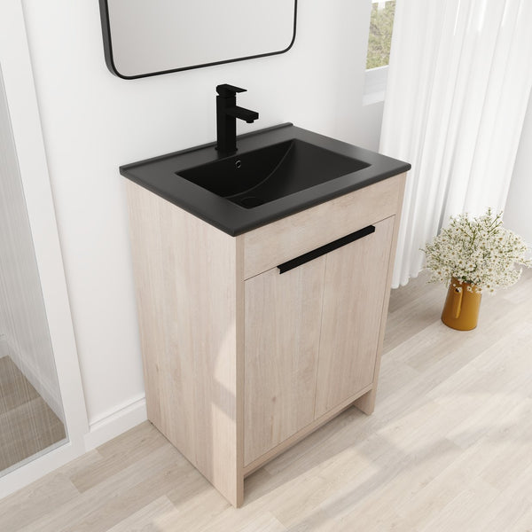 English Elm 24 Inch Freestanding Bathroom Vanity with Black Ceramic Sink, Soft-Close Doors, Plywood Base, Durable Finish (Modern) W999S00078