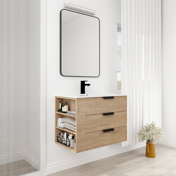 English Elm 30 Inch Bathroom Vanity With Resin Sink - Wall-Mounted, Soft-Closing Drawers, Modern Oak Finish W999S00080
