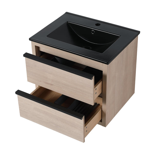 English Elm 24" Modern Bathroom Vanity With Black Ceramic Sink & 2 Soft-Close Drawers For Stylish Storage W999S00079
