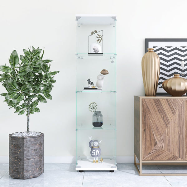 English Elm Glass Display Cabinet 4-Shelf Floor Curio with Tempered Glass Door, Sturdy Large Capacity Showcase White W1806P197873
