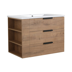 English Elm 30 Inch Bathroom Vanity With Resin Sink - Wall-Mounted, Soft-Closing Drawers, Modern Oak Finish W999S00080