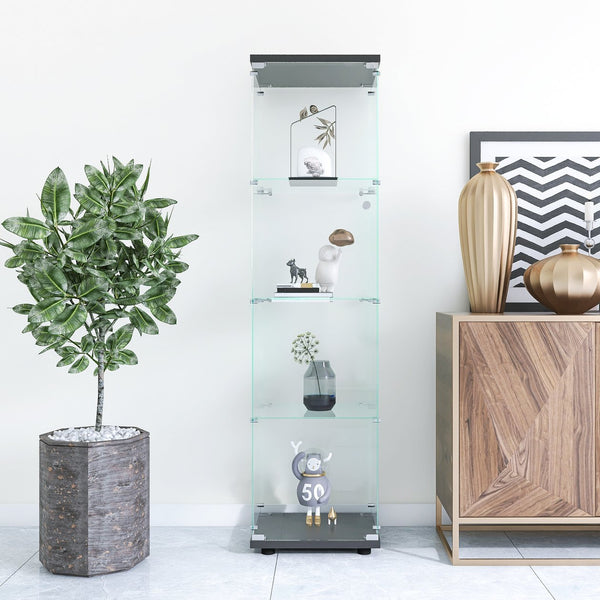 English Elm Glass Display Cabinet 4-Shelf Floor Curio with Tempered Glass Door, Sturdy Large Capacity Showcase Black W1806P197872
