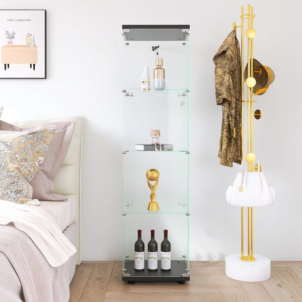 English Elm Glass Display Cabinet 4-Shelf Floor Curio with Tempered Glass Door, Sturdy Large Capacity Showcase Black W1806P197872