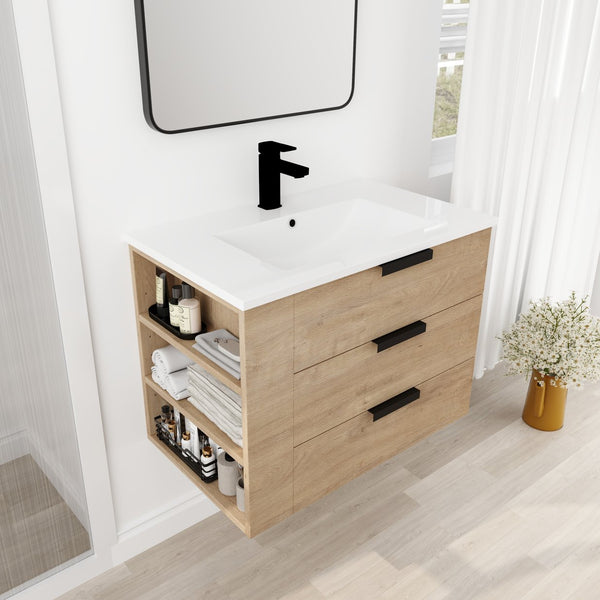 English Elm 30 Inch Bathroom Vanity With Resin Sink - Wall-Mounted, Soft-Closing Drawers, Modern Oak Finish W999S00080