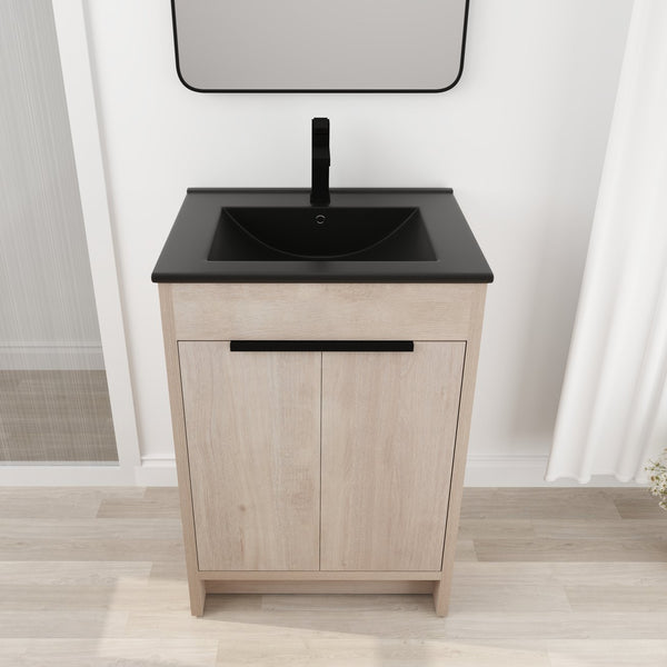 English Elm 24 Inch Freestanding Bathroom Vanity with Black Ceramic Sink, Soft-Close Doors, Plywood Base, Durable Finish (Modern) W999S00078