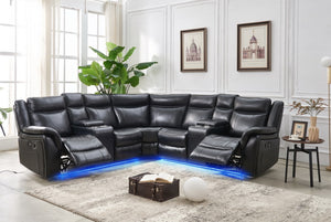 English Elm Le145 Manual Reclining Sectional with Led Underlighting and Usb Charging Faux Leather Black W1805S00002