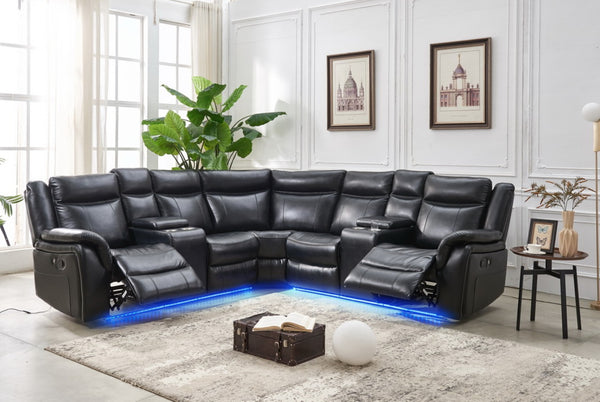 English Elm Le145 Manual Reclining Sectional with Led Underlighting and Usb Charging Faux Leather Black W1805S00002