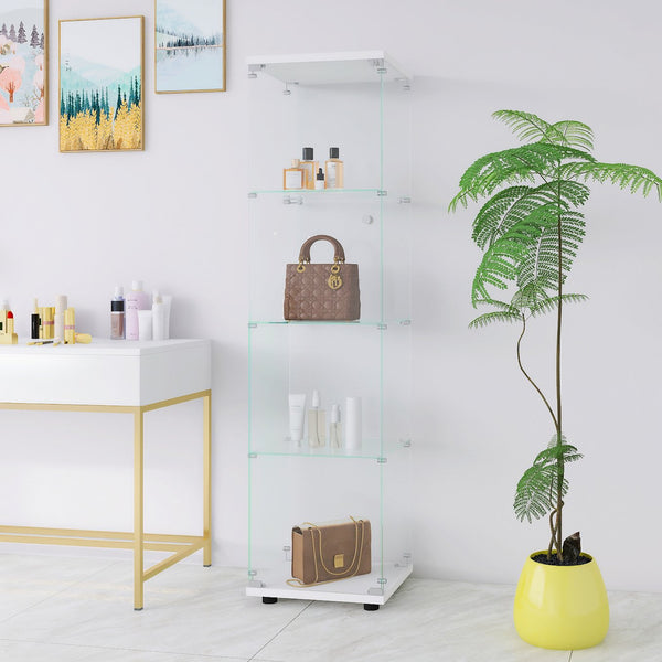 English Elm Glass Display Cabinet 4-Shelf Floor Curio with Tempered Glass Door, Sturdy Large Capacity Showcase White W1806P197873