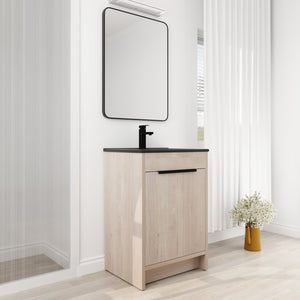 English Elm 24 Inch Freestanding Bathroom Vanity with Black Ceramic Sink, Soft-Close Doors, Plywood Base, Durable Finish (Modern) W999S00078