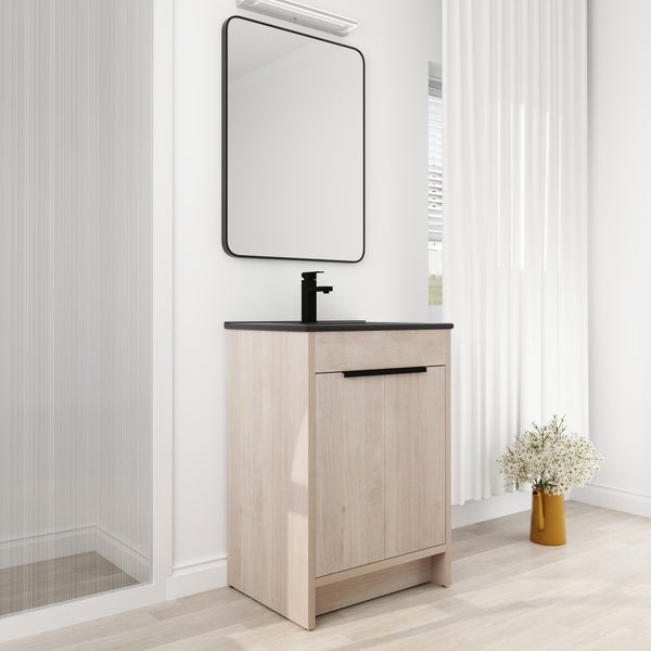 English Elm 24 Inch Freestanding Bathroom Vanity with Black Ceramic Sink, Soft-Close Doors, Plywood Base, Durable Finish (Modern) W999S00078