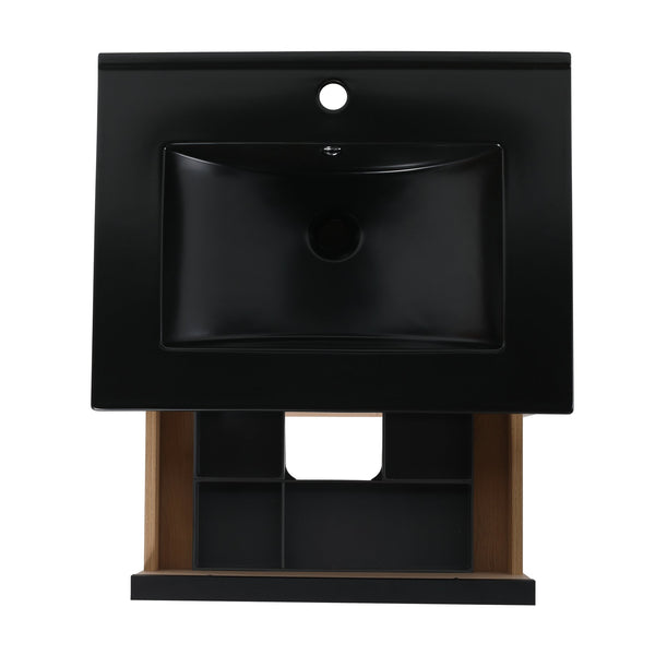 English Elm 24" Modern Bathroom Vanity With Black Ceramic Sink & 2 Soft-Close Drawers For Stylish Storage W999S00079