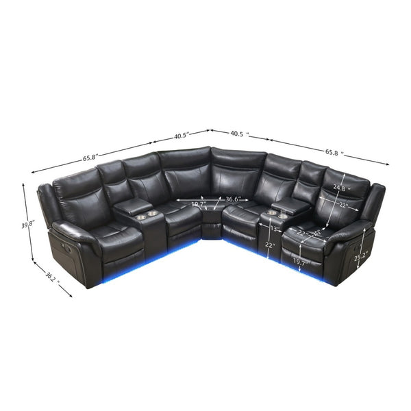 English Elm Le145 Manual Reclining Sectional with Led Underlighting and Usb Charging Faux Leather Black W1805S00002