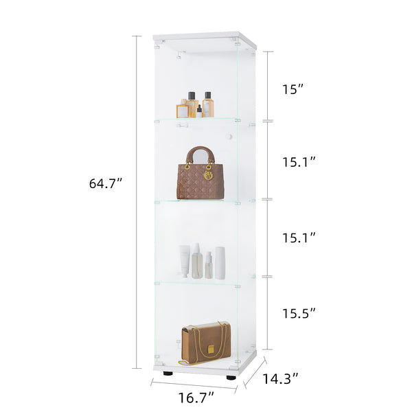 English Elm Glass Display Cabinet 4-Shelf Floor Curio with Tempered Glass Door, Sturdy Large Capacity Showcase White W1806P197873