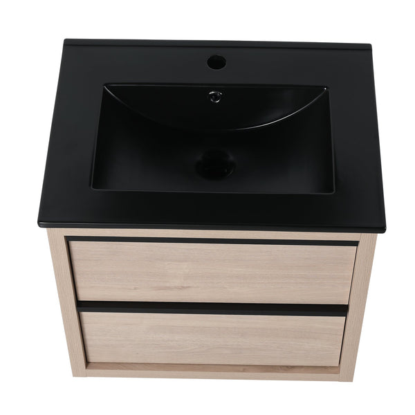 English Elm 24" Modern Bathroom Vanity With Black Ceramic Sink & 2 Soft-Close Drawers For Stylish Storage W999S00079
