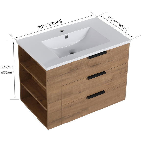 English Elm 30 Inch Bathroom Vanity With Resin Sink - Wall-Mounted, Soft-Closing Drawers, Modern Oak Finish W999S00080