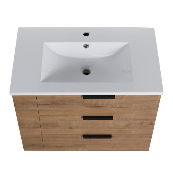 English Elm 30 Inch Bathroom Vanity With Resin Sink - Wall-Mounted, Soft-Closing Drawers, Modern Oak Finish W999S00080