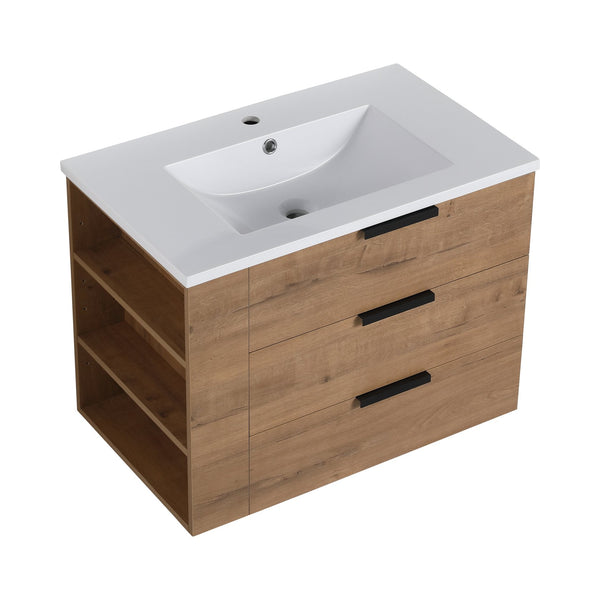 English Elm 30 Inch Bathroom Vanity With Resin Sink - Wall-Mounted, Soft-Closing Drawers, Modern Oak Finish W999S00080