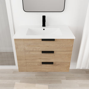 English Elm 30 Inch Bathroom Vanity With Resin Sink - Wall-Mounted, Soft-Closing Drawers, Modern Oak Finish W999S00080