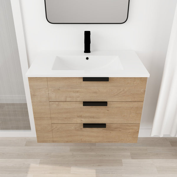 English Elm 30 Inch Bathroom Vanity With Resin Sink - Wall-Mounted, Soft-Closing Drawers, Modern Oak Finish W999S00080