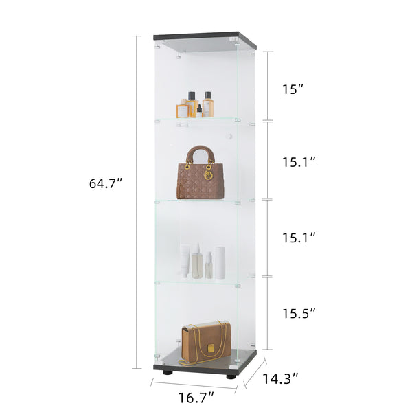 English Elm Glass Display Cabinet 4-Shelf Floor Curio with Tempered Glass Door, Sturdy Large Capacity Showcase Black W1806P197872