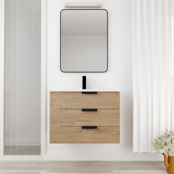English Elm 30 Inch Bathroom Vanity With Resin Sink - Wall-Mounted, Soft-Closing Drawers, Modern Oak Finish W999S00080