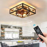 English Elm Farmhouse Rustic Ceiling Fan and Remote Control,Square Caged Industrial Ceiling Fixture With 6 Speeds & Noiseless Dc Motor For Kitchen Dining Room Living Room Bedroom