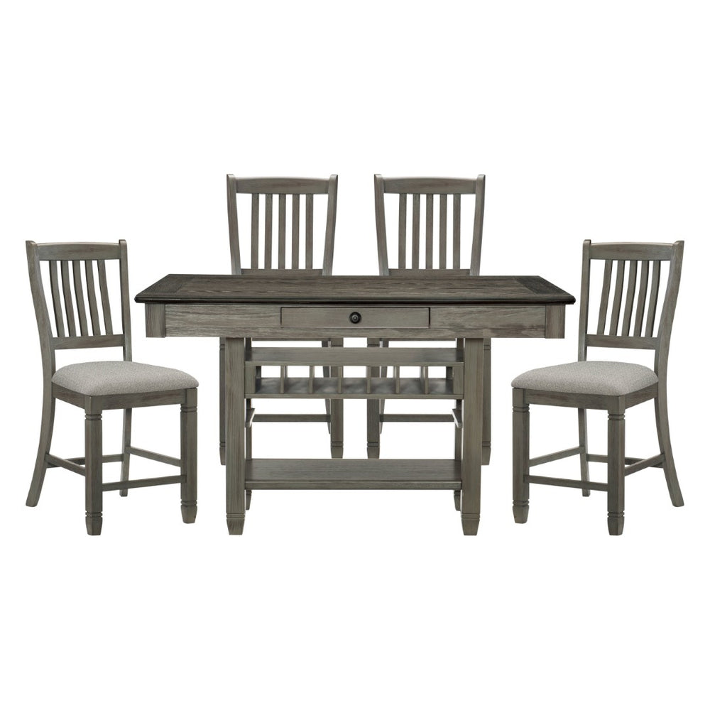 English Elm Antique Gray Counter Height Dining Set with Wine Rack Drawers and Upholstered Chairs B011S00371
