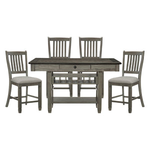 English Elm Antique Gray Counter Height Dining Set with Wine Rack Drawers and Upholstered Chairs B011S00371