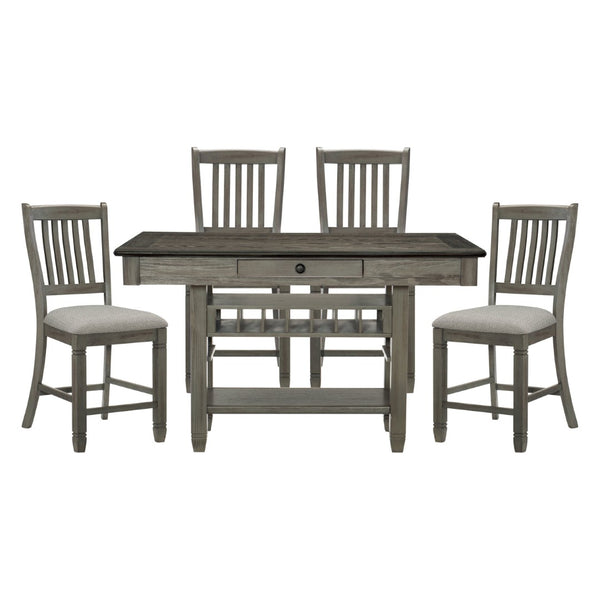 English Elm Antique Gray Counter Height Dining Set with Wine Rack Drawers and Upholstered Chairs B011S00371