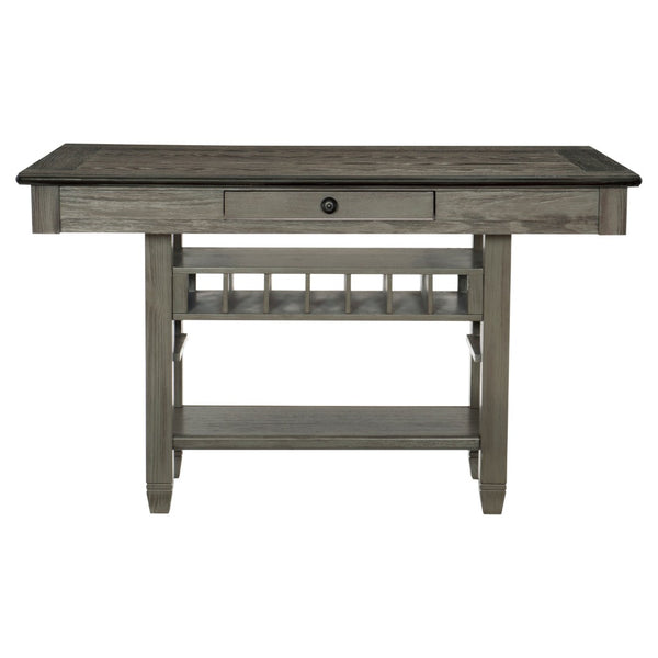 English Elm Antique Gray Counter Height Dining Set with Wine Rack Drawers and Upholstered Chairs B011S00371