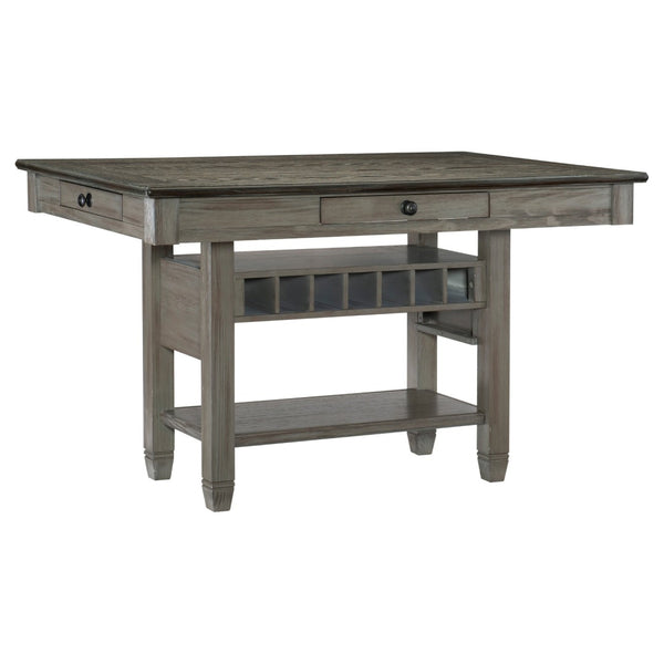 English Elm Antique Gray Counter Height Dining Set with Wine Rack Drawers and Six Fabric Chairs B011S00370