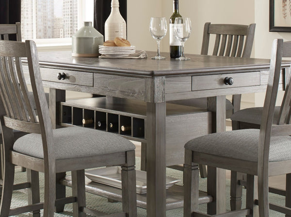 English Elm Antique Gray Counter Height Dining Set with Wine Rack Drawers and Six Fabric Chairs B011S00370