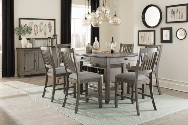 English Elm Antique Gray Counter Height Dining Set with Wine Rack Drawers and Upholstered Chairs B011S00371