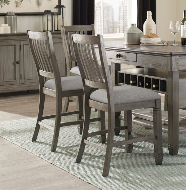 English Elm Antique Gray Counter Height Dining Set with Wine Rack Drawers and Six Fabric Chairs B011S00370