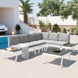 Hearth and Haven 5 Piece Aluminum Outdoor Set with Sectional Sofa, End Tables, Coffee Table and Furniture Clips, White and Grey