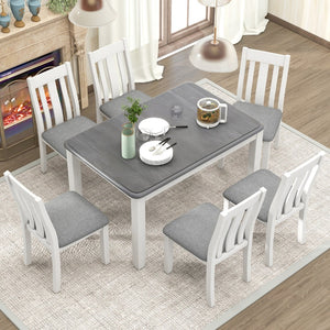 English Elm Trexm Farmhouse Extendable Dining Set Seats Eight Linen Chairs Distressed Wood ST000045AAE