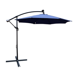 English Elm 10 ft Solar LED Patio Umbrella with 24 Lights, 8-Rib Weatherproof Polyester Canopy, Crank Lift Base Navy Blue W65690319