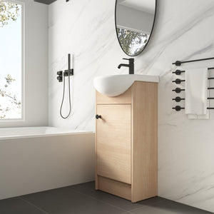 English Elm Freestanding 18 Inch Bathroom Vanity with Oval Ceramic Sink, Light Oak Plywood, Adjustable Shelf, Black Knobs (KD-PACKING) W999S00002