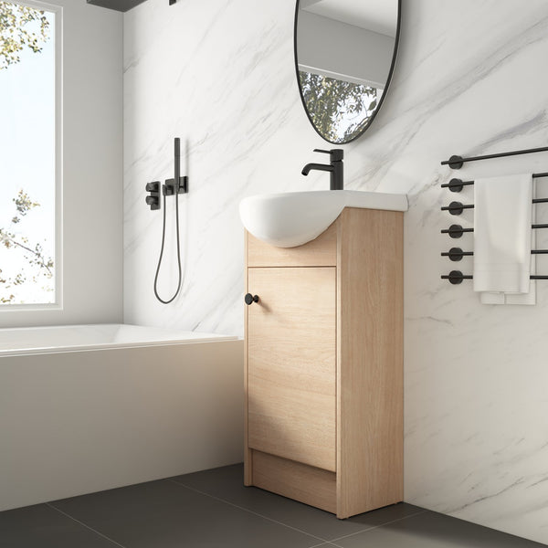 English Elm Freestanding 18 Inch Bathroom Vanity with Oval Ceramic Sink, Light Oak Plywood, Adjustable Shelf, Black Knobs (KD-PACKING) W999S00002