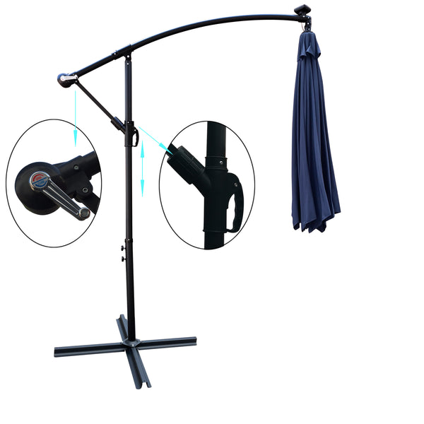 English Elm 10 ft Solar LED Patio Umbrella with 24 Lights, 8-Rib Weatherproof Polyester Canopy, Crank Lift Base Navy Blue W65690319