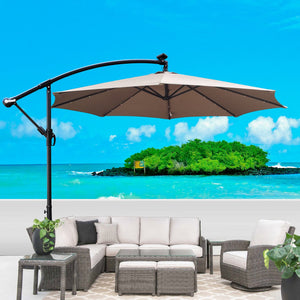 English Elm 10 ft Solar LED Patio Umbrella with 24 Lights, 8-Rib Weatherproof Polyester Canopy, Crank Lift Base Mushroom W65690318