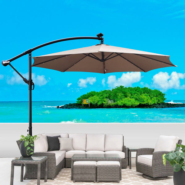 English Elm 10 ft Solar LED Patio Umbrella with 24 Lights, 8-Rib Weatherproof Polyester Canopy, Crank Lift Base Mushroom W65690318