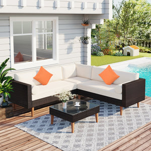 English Elm GO Outdoor Wicker Sofa Set - 4-Piece L-Shape Patio Ensemble with Waterproof Cushions, UV-Resist FG201221AAA