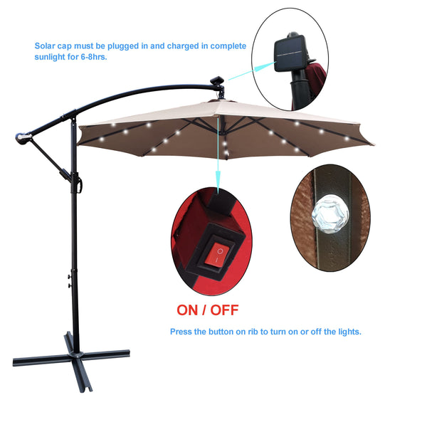 English Elm 10 ft Solar LED Patio Umbrella with 24 Lights, 8-Rib Weatherproof Polyester Canopy, Crank Lift Base Mushroom W65690318