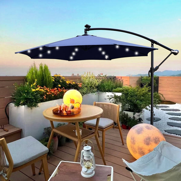 English Elm 10 ft Solar LED Patio Umbrella with 24 Lights, 8-Rib Weatherproof Polyester Canopy, Crank Lift Base Navy Blue W65690319