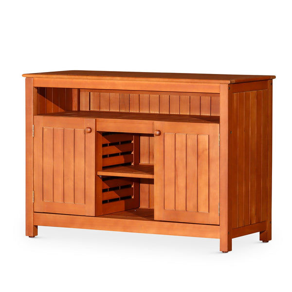 English Elm Eucalyptus Outdoor Sideboard with Slatted Cabinets, Adjustable Shelves & Levelers for Entertaining Natural B046104519